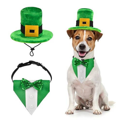 ShuRung St. Patrick's Day Hunde-Smoking mit grüner Fliege, irischer Koboldhut mit Gürtelschnalle, Hunde-Patricks-Kostüm-Set, Glücksmotiv-Outfits für Katzen, Welpen, Hunde (S) von ShuRung