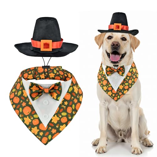 ShuRung Verstellbarer Smoking für Hunde, mit schwarzem Pilgerhut, Erntedankfest, Welpen-Kostüm-Set, Herbst-Thanksgiving-Themen-Outfits für Katzen, Welpen, Hunde, Größe L von ShuRung