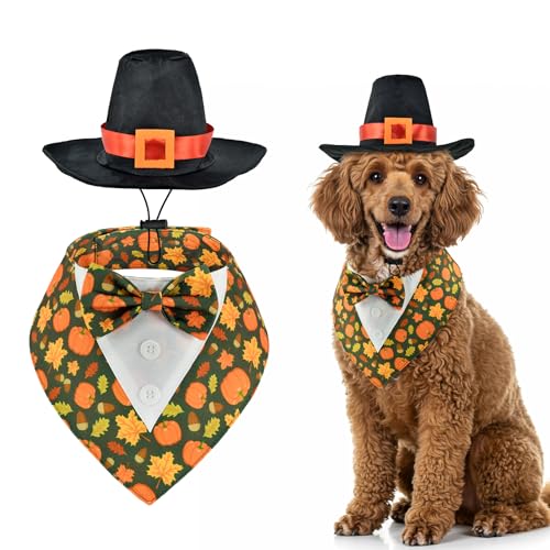 ShuRung Verstellbarer Smoking für Hunde, mit schwarzem Pilgerhut, Erntedankfest, Welpen-Kostüm-Set, Herbst-Thanksgiving-Themen-Outfits für Katzen, Welpen, Hunde, Größe M von ShuRung