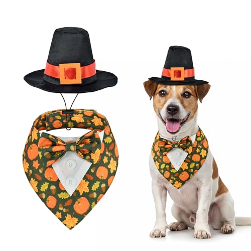 ShuRung Verstellbarer Smoking für Hunde, mit schwarzem Pilgerhut, Erntedankfest, Welpen-Kostüm-Set, Herbst-Thanksgiving-Themen-Outfits für Katzen, Welpen, Hunde, Größe S von ShuRung