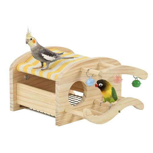 ShuRung Vogelhaus aus Holz mit Edelstahlregalen & Baumwollzelt, zweilagiger Sitzstangenraum für Papagei, Wellensittich, Sittich, gemütliches Versteck für Vogelkäfig (W) von ShuRung