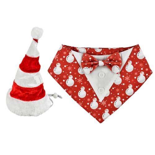 ShuRung Weihnachtliches Schneemann-Muster, verstellbarer Smoking mit rot-weißen Streifen, Weihnachtsmannmütze, Weihnachts-Welpenkostüm-Set, Weihnachts-Themen-Outfits für Katzen, Welpen, Hunde, Größe S von ShuRung