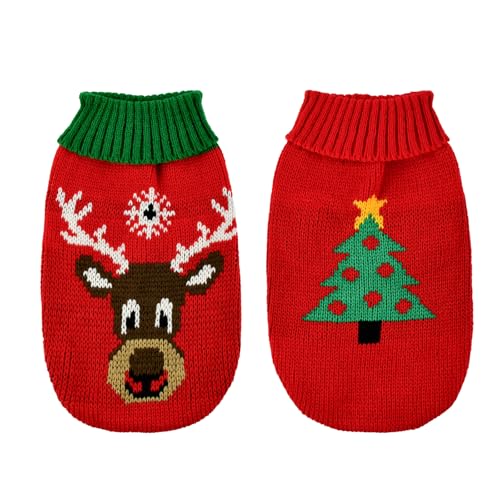 ShuRung Weihnachtspullover für Welpen, Katze, Rollkragen, Strickwaren, Elch-Outfits, Hunde-Weihnachtsbaum-Muster, warme Kleidung für Kätzchen, Welpen, Größe S, 2 Stück von ShuRung