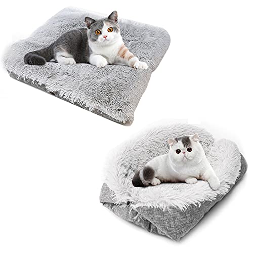 Shujin Katzenbett Hundebett 2-in-1 Haustierbetten mit Doppeltem Verwendungszweck Flauschige Plüschdecken für kleine Hunde Warme Schlafmatte für den Winter (Grau+Grau) von Shujin