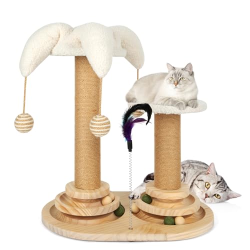 6 in 1 Interaktives Katzenspielzeug, Holz Katzenmöbel mit Hängenden Kugeln, Federn, Drehbar Smart Track Ball, Sisal- und Juteseil-Katzenkratzbaum für kleine und mittlere Katzen (Weiß) von Shulltji