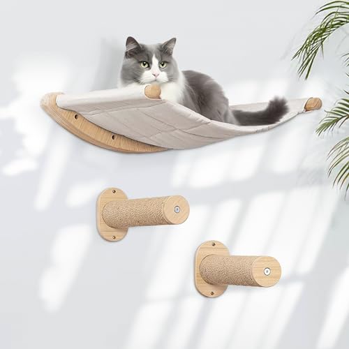 Shulltji Katzen Kletterwand Set, 55cm x 46cm Katzenhängematte & 2 Katzenleiter, Kratzbaum, Kängematten Katzen Wand bis zu 35kg, Katzen Wandelemente zum Schlafen und Ausruhen(XL,Beige) von Shulltji