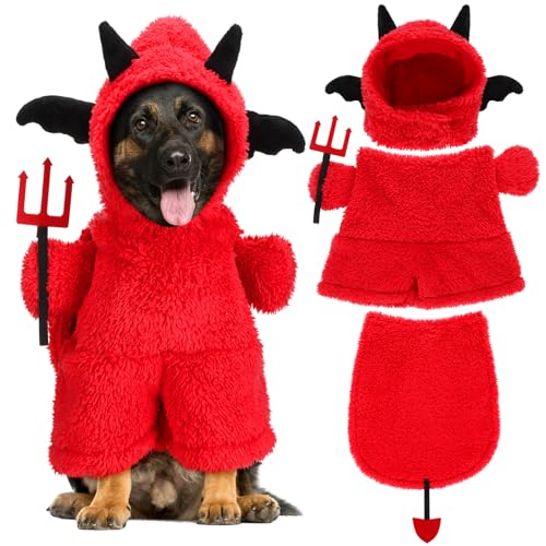 Shyyween Halloween-Hundekostüm, Teufel-Plüsch-Kapuzenpullover, lustiges Haustier-Welpen-Outfit, weicher Samt, Hundekleidung für Halloween-Party (große Größe) von Shyyween