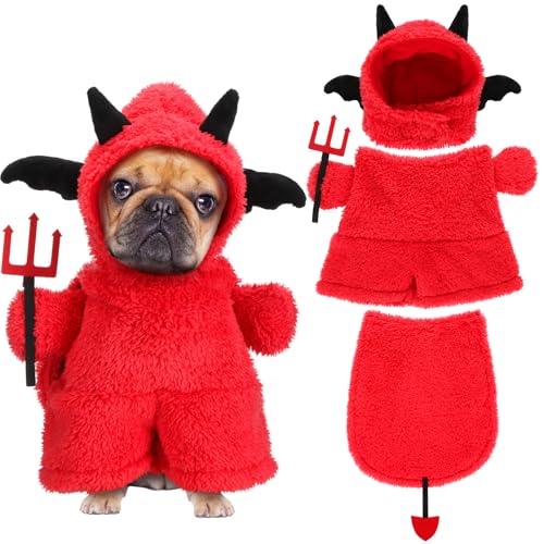 Shyyween Halloween-Hundekostüm, Teufel-Plüsch-Kapuzenpullover, lustiges Haustier-Welpen-Outfit, weicher Samt, Hundekleidung für Halloween-Party (kleine Größe) von Shyyween