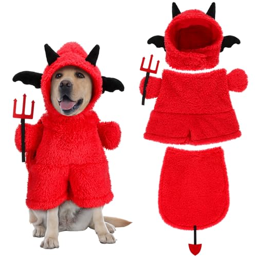 Shyyween Halloween-Hundekostüm, Teufel-Plüsch-Kapuzenpullover, lustiges Haustier-Welpen-Outfit, weicher Samt, Hundekleidung für Halloween-Party (mittlere Größe) von Shyyween