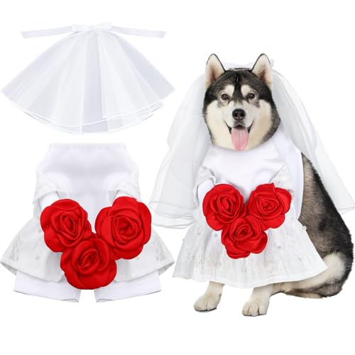 Shyyween Hunde-Hochzeits-Outfit, Hunde-Braut-Kostüm-Set, Hochzeitskleid mit Schleier, Welpe, Brautrock mit Blumen, Haustier-Hochzeitsanzug für kleine, mittelgroße und große Hunde, von Shyyween