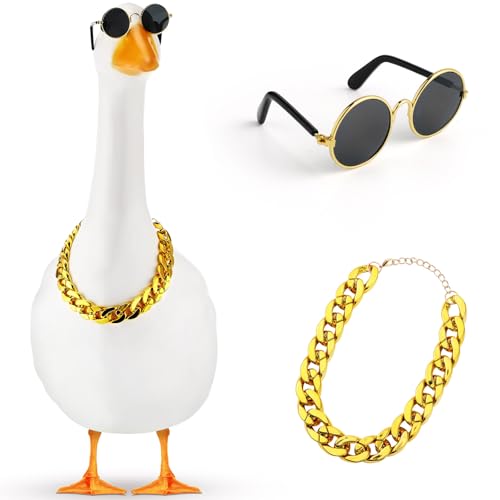 Shyyween Kettenhalsband und Sonnenbrille, Veranda-Gänse-Outfits für Kunststoffgans, 58,4 cm, Rasengänse, Statue, Sonnenbrille, Halsband für Garten, Gänse, Retro, Haustier, Cosplay, Party, Hof (Gold von Shyyween