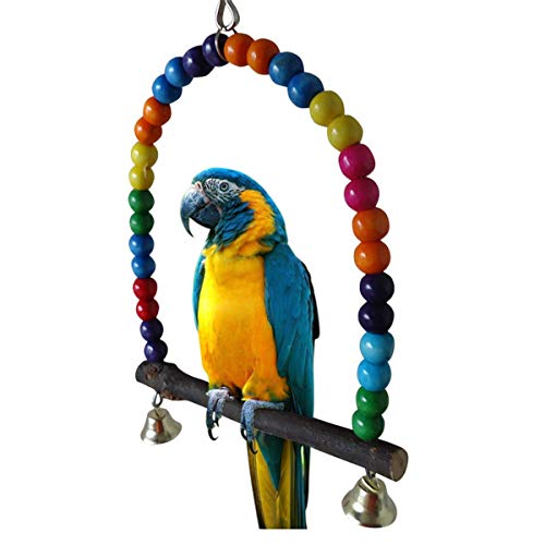 SiChun 1 x Naturholz-Schaukel für Papageien, Spielzeug für Vögel, bunte Perlen, Vogelzubehör, Glocken, Spielzeug zum Aufhängen, Schaukelkäfig für Haustiere. von SiChun