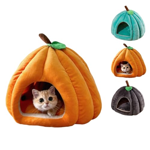 Kürbis-Katzenbett, 2025 Süßes Halloween-Katzenbett mit abnehmbarem Kissen, Welpenhaus für Katzen und kleine Hunde (orange, s) von SiQiYu