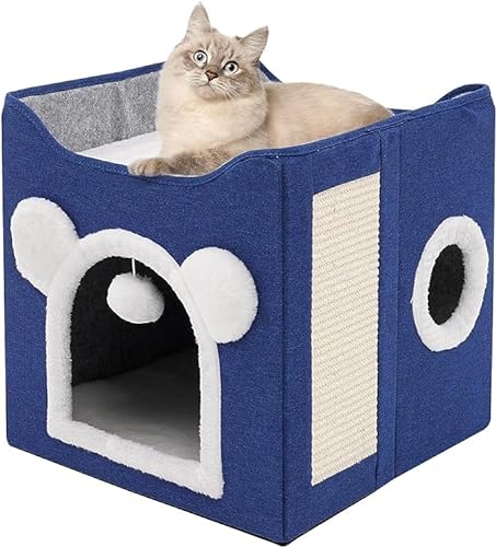 Faltbares Katzenhaus Großer Katzenhaus Höhle für Katzen und kleine Hunde mit Kratzbrett und Flauschige Kugel Blau von Siairo
