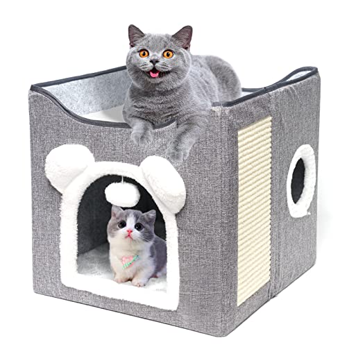 Katzenhaus, Hundehaus, Faltbarer Katzenkorb mit 2 abnehmbaren Kissen, hängendem Ball und Kratzbrett, Katzenhaus, 40 x 40 x 40 cm von Siairo
