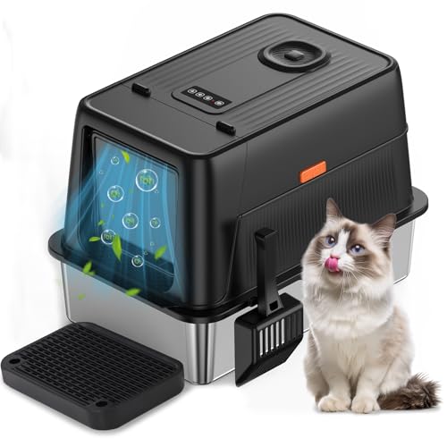 Odor Control XXL Edelstahl Katzentoilette, Abnehmbares Gehege Katzentoilette mit Deckel, inklusive Schaufel und Pedal, hochseitige Katzentoilette für große Katzen (62x41x44cm) von Siairo