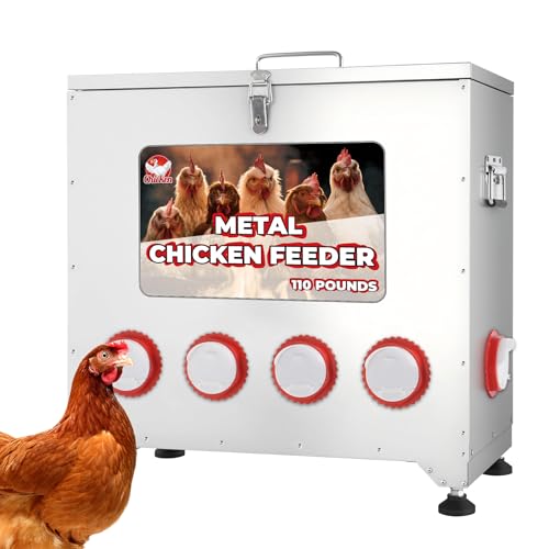 Verzinkter Hühner-Futterspender mit 10 Anschlüssen, verstellbarer Höhe, Verriegelungsdeckel und genieteten Griffen, große Kapazität, regendicht, automatischer Hühner-Futterspender für Hühnerstall von Sidasu