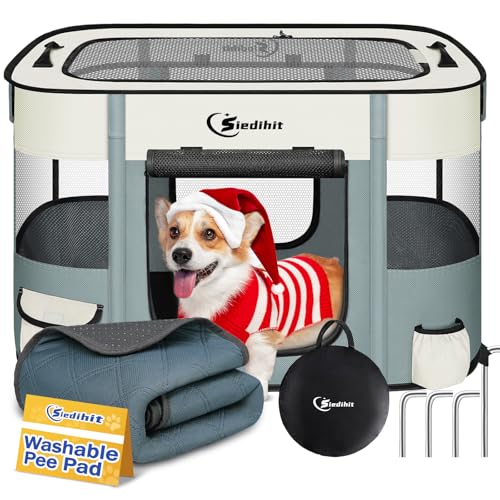 Laufgitter für Hunde, Katze, Haustier, Welpen, tragbar, Laufgitter für Hunde, drinnen und draußen, Reisen, Camping, faltbar, für Kaninchen, Kleintiere mit Tragetasche (Grau mit Pad, klein) von Siedihit