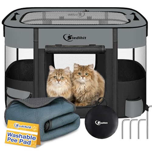 Laufgitter für Hunde, Katze, Haustier, Welpen, tragbar, Laufgitter für Hunde, drinnen und draußen, Reisen, Camping, faltbar, für Kaninchen, Kleintiere mit Tragetasche (dunkelgrau mit Pad, klein) von Siedihit