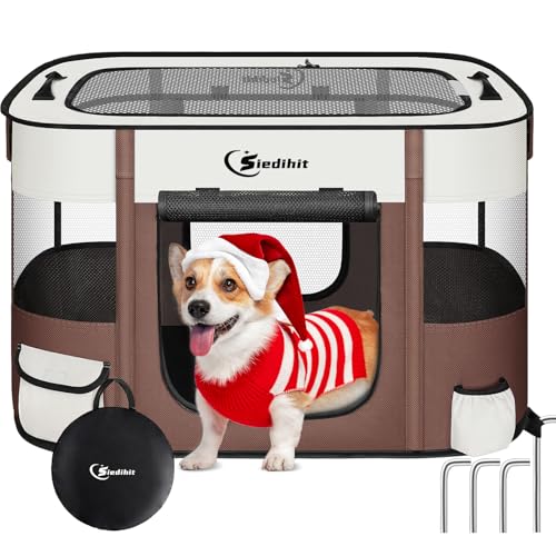 Laufstall für Hunde, faltbar, für mittelgroße Katzen, tragbar, wasserabweisend, atmungsaktiv, Schattenabdeckung, für drinnen und draußen, Reisen, Camping, mit Tragetasche, Braun Laufstall für Hunde, faltbar, für mittelgroße Katzen, tragbar, wasserabweisend, atmungsaktiv, Schattenabdeckung, für drinnen und draußen, Reisen, Camping, mit Tragetasche, Braun von Siedihit
