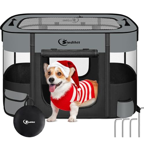 Laufstall für Hunde, faltbar, für mittelgroße Katzen, tragbare Trainingshütte, wasserabweisend, atmungsaktiv, Schattenabdeckung, für drinnen und draußen, Reisen, Camping, mit Tragetasche, Dunkelgrau Laufstall für Hunde, faltbar, für mittelgroße Katzen, tragbare Trainingshütte, wasserabweisend, atmungsaktiv, Schattenabdeckung, für drinnen und draußen, Reisen, Camping, mit Tragetasche, Dunkelgrau von Siedihit