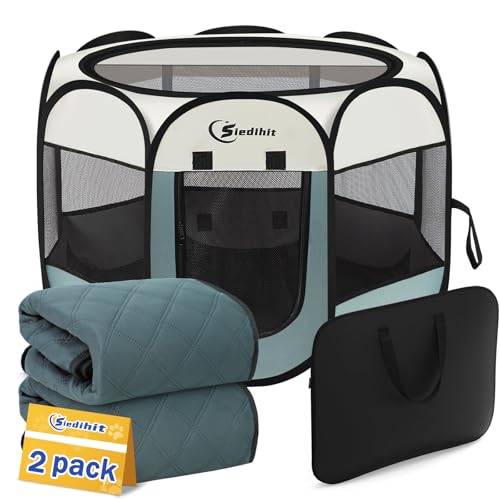 Siedihit Hunde-Laufstall, Pop-Up Zeltbox für drinnen & draußen, inkl. 2 waschbare Pads, tragbar mit Tasche, für Welpen, Katzen & Kleintiere, Grau, klein (73,7x73,7x43,2 cm) von Siedihit