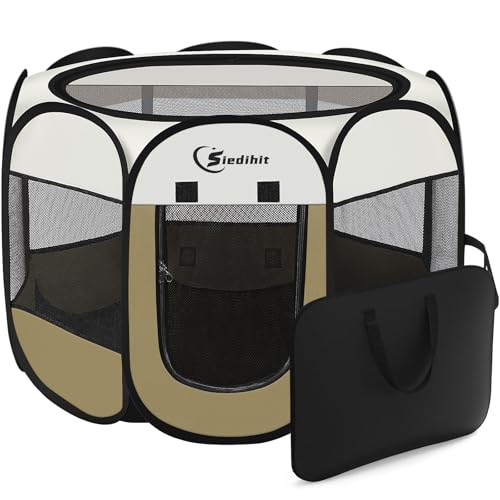 Welpen-Laufstall für mittelgroße Hunde und Katzen, Hundezelt, Käfig für drinnen und draußen, tragbare Pop-Up-Hundehütte mit Tragetasche für Kaninchen, abnehmbare Oberseite (Kaffee, klein (73,7 x 73,7 von Siedihit