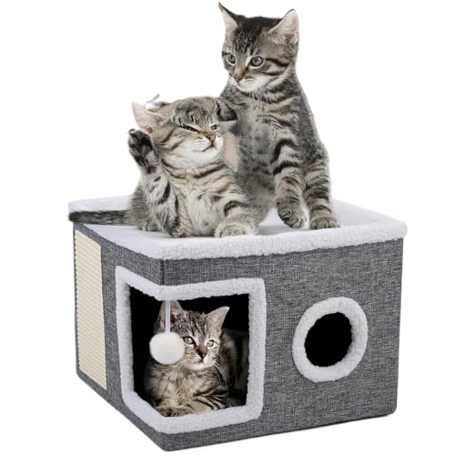 Große Katzenbetten, Katzenbetten für Indoor-Katzen mit flauschigem Ball zum Aufhängen und Kratzpolster, Katzenhaus, Katzenwürfel, Katzenhöhle, Katzenhöhlen und Häuser für mehrere kleine Haustiere, Große Katzenbetten, Katzenbetten für Indoor-Katzen mit flauschigem Ball zum Aufhängen und Kratzpolster, Katzenhaus, Katzenwürfel, Katzenhöhle, Katzenhöhlen und Häuser für mehrere kleine Haustiere, von Sightday