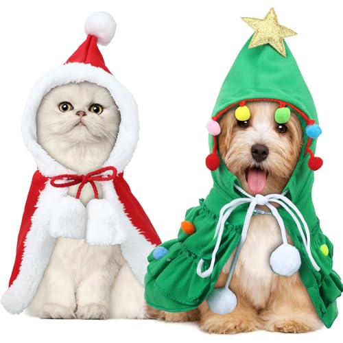 SilTriangle 2-teiliges Haustier-Weihnachtskostüm, Umhang für Hunde und Katzen, Umhang mit Hut, Weihnachtsmann-Umhang und Weihnachtsbaum-Umhang mit Stern und Pompons, für kleine Hunde, Katzen, SilTriangle 2-teiliges Haustier-Weihnachtskostüm, Umhang für Hunde und Katzen, Umhang mit Hut, Weihnachtsmann-Umhang und Weihnachtsbaum-Umhang mit Stern und Pompons, für kleine Hunde, Katzen, von SilTriangle