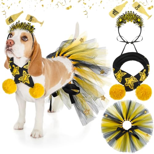 SilTriangle 3-teiliges Neujahrskostüm-Set mit Weinglas-Stirnband, Neujahrs-Hunde-Tutu-Kleid, niedliches Haustier-Tutu, goldfarbener und schwarzer Stern, Haustier-Schal für mittelgroße Hunde, SilTriangle 3-teiliges Neujahrskostüm-Set mit Weinglas-Stirnband, Neujahrs-Hunde-Tutu-Kleid, niedliches Haustier-Tutu, goldfarbener und schwarzer Stern, Haustier-Schal für mittelgroße Hunde, von SilTriangle