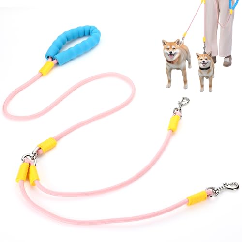 SilTriangle Doppel-Hundeleine für zwei Hunde, um 360° drehbar, kein Verheddern, mit gepolstertem, weichem Griff, rosa, abnehmbar, stoßdämpfend, Bungee-Splitter, verstellbare Leine für Spaziergänge und SilTriangle Doppel-Hundeleine für zwei Hunde, um 360° drehbar, kein Verheddern, mit gepolstertem, weichem Griff, rosa, abnehmbar, stoßdämpfend, Bungee-Splitter, verstellbare Leine für Spaziergänge und von SilTriangle