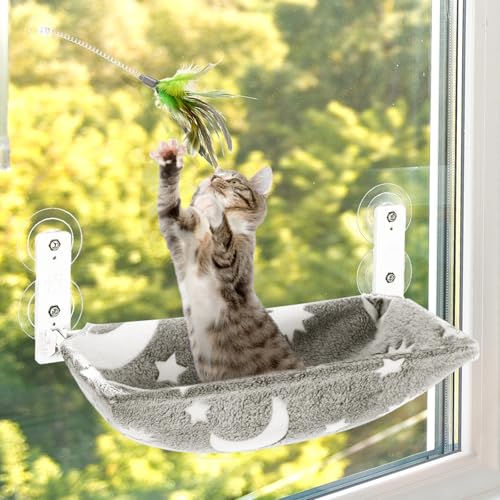 SilTriangle Katzen-Fensterstange mit Nachfüllung und lustigem Katzenstab, leuchtet im Dunkeln, schnurlos, faltbar, Haustier-Hängemattenbett mit versenktem Design mit stabilem Metallrahmen für große SilTriangle Katzen-Fensterstange mit Nachfüllung und lustigem Katzenstab, leuchtet im Dunkeln, schnurlos, faltbar, Haustier-Hängemattenbett mit versenktem Design mit stabilem Metallrahmen für große von SilTriangle