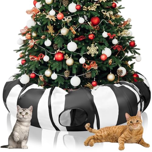 SilTriangle Katzentunnel-Baum, Weihnachten, 1,8 m x 30 cm, insgesamt 1,2 m x 1,2 m x 30 cm, Weihnachten, Katzenkreis, Tunnel, unter Baum, Weihnachten, schwarz, weiß, faltbar, Peekaboo-Höhle, Spielzeug von SilTriangle