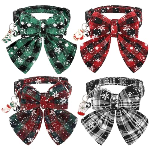 SilTriangle Weihnachtliches Katzenhalsband mit stilvoller Schleife, Rot, Grün, Schwarz, kariert, mit Glöckchen, abnehmbare Fliege, Weihnachtshalsband für Kätzchen, 4 Stück von SilTriangle