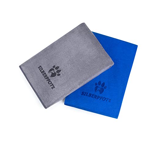 Silberpfote® Hundehandtuch Set - 2er Pack – Weich, Waschbar und Saugfähig - 130x75cm, Blau & Grau - schnell trocknendes und saugstarkes Mikrofaser Handtuch-Set für Hunde von Silberpfote