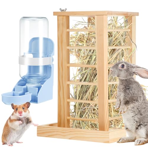 SiliFine Kaninchen-Heu-Futterstation aus Holz mit Wasserflasche, Hase weniger Abfall, multifunktionaler Hasen-Heu Halter mit Wasserspender, stehendes Futtergestell, Fütterungsheu-Manager für von SiliFine