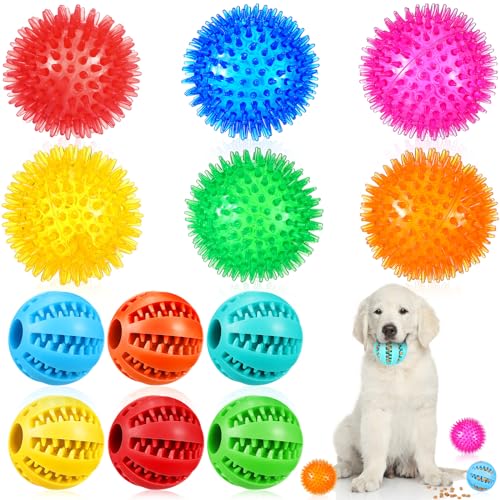 Silipull 12 Stück interaktive Bälle in verschiedenen Funktionen, 6,6 cm, TPR, Quietschbälle für Hunde, 5,1 cm, Kauspielzeug für Zahnen, Leckerli-Ball, Gummi, Hundeball für Training, leuchtende Farben von Silipull