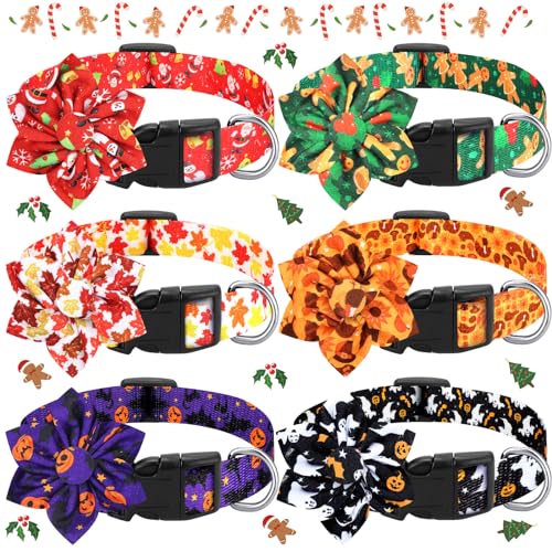 6 Pcs Holiday Dog Collar Halloween Dog Collars with Flower Maple Fall Dog Collar Truthahn Pet Collar Pumpkin Thanksgiving Christmas Adjustable Dog Collar with Plastic Buckle for Puppy Dogs (L Size) von Silkfly