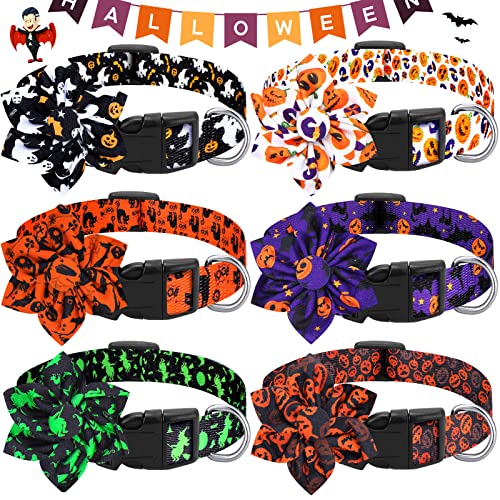 Silkfly 6 Stück Halloween-Hundehalsband mit Blume, verstellbare Halloween-Hundehalsbänder, schönes Halloween-Kürbis-Hundehalsband für Damen oder Herren, kleine, mittelgroße und große Haustiere (Größe von Silkfly