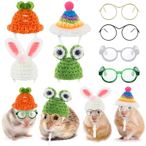 Silkfly 8-teiliges Hamsterhut, runde Kostüm-Brille, inklusive 4 gestrickten Kleintier-Hut mit verstellbarem Riemen und 4 Paar Haustierbrillen für Kleintiere, Eidechsen, Meerschweinchen, Kleidung, von Silkfly