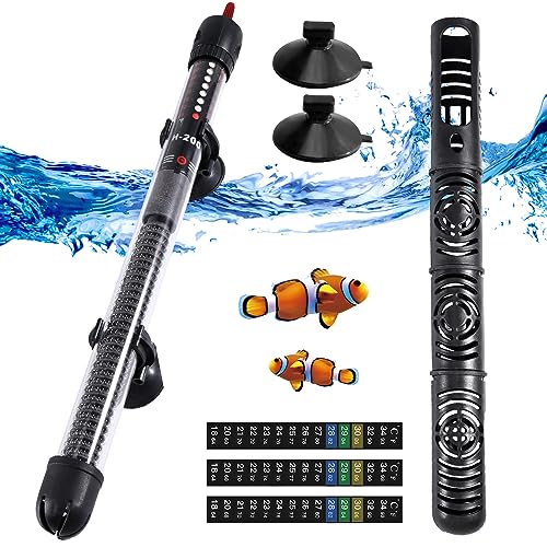 Silkwish Aquarium Heizung 200w 200L, Einstellbar Temperatur Aquarium Heizstab mit Saugnäpfen, Heizstab Aquarium mit 3 Thermometer Aufkleber von Silkwish