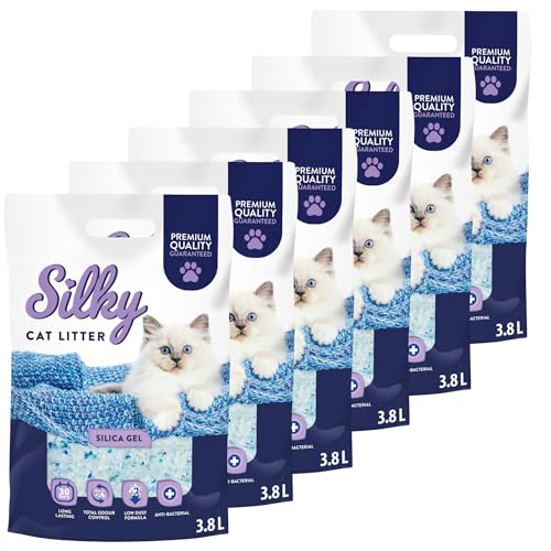 Silky Silikat Katzenstreu, Staubfrei Unparfümiert Kristall Silikatstreu, Geruchsneutral, Hohe Saugkraft, Antibakteriell | 22,8L - 6er-Pack Silky Silikat Katzenstreu, Staubfrei Unparfümiert Kristall Silikatstreu, Geruchsneutral, Hohe Saugkraft, Antibakteriell | 22,8L - 6er-Pack von Silky
