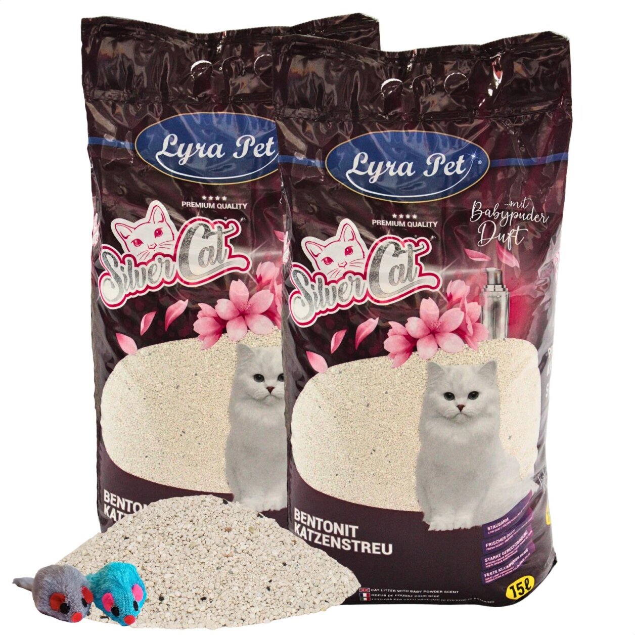 2 x 15 Liter Lyra Pet® SilverCat® Katzenstreu Bentonit mit Aktivkohle + 2 Mäuse von Silver Cat