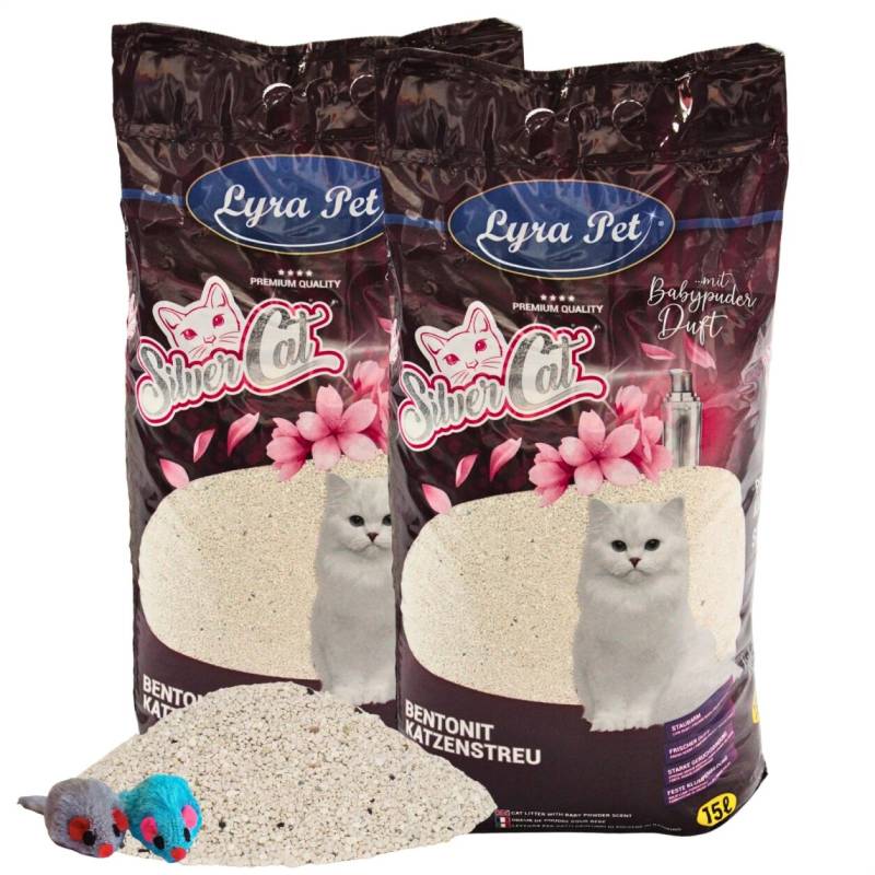 2 x 15 Liter Lyra Pet® SilverCat® Katzenstreu Bentonit mit Aktivkohle + 2 Mäuse von Silver Cat