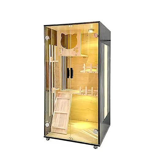 Großes Katzenhaus aus Holz für Katzen im Freien und im Innenbereich, mehrschichtiges Design, Tür aus gehärtetem Glas, Catio-Gehäuse mit Unterstand und Rädern (Farbe: B) von SimKha