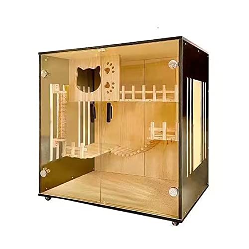 Großes Katzenhaus aus Holz für Katzen im Freien und im Innenbereich, mehrschichtiges Design, Tür aus gehärtetem Glas, Catio-Gehäuse mit Unterstand und Rädern (Farbe: C) von SimKha