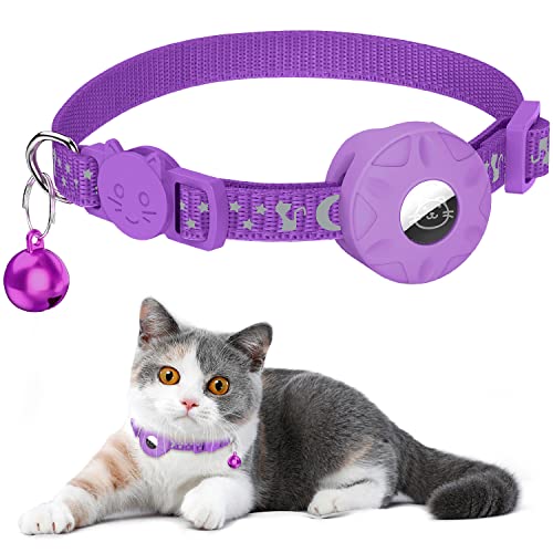 Airtag Katzenhalsband, Integriertes Katzenhalsband Airtag mit AirTag Halter und Glocke,Reflektierendes Katzenhalsband mit abbrechbarer Sicherheitsschnalle für Kätzchen Welpen (lila) von Simket