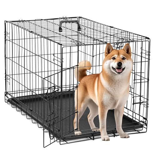 Simple Deluxe 76,2 cm mittelgroße Hundebox mit Trennwand, Doppeltür, zusammenklappbarer Metalldrahtkäfig mit auslaufsicherer Kunststoffschale, tragbare Haustierhütte für drinnen und draußen und auf Simple Deluxe 76,2 cm mittelgroße Hundebox mit Trennwand, Doppeltür, zusammenklappbarer Metalldrahtkäfig mit auslaufsicherer Kunststoffschale, tragbare Haustierhütte für drinnen und draußen und auf von Simple Deluxe