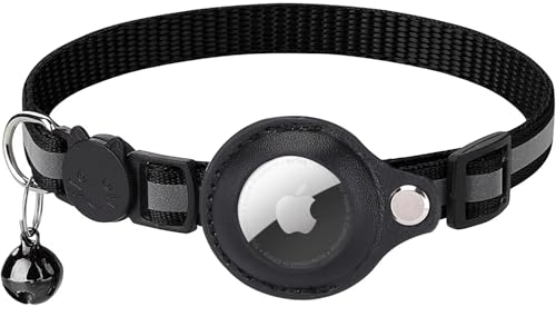 Katzenhalsband, reflektierendes Kätzchenhalsband mit Airtag-Halter und Glocke für Mädchen, Jungen, Katzen, Schwarz von Simply Smyrna