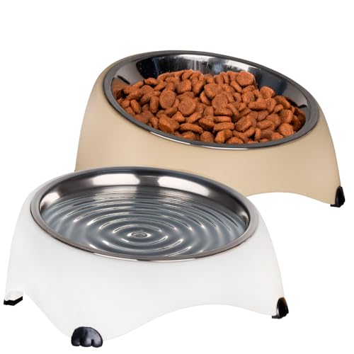Sinbeon Katzennapf, 2 Stück 15° Schräg Futternapf Katze Edelstahl Set, Erhöhter Fressnapf Katze Hundenapf für Wasser Snack Weiß Gelb von Sinbeon